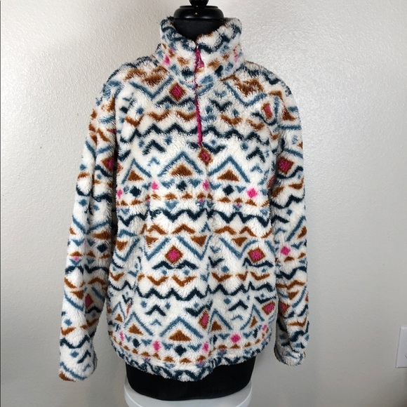 Eddie Bauer Pullover Tribal Aztec Boho Plush Teddy Fleece Size Large - Picture 2 of 10